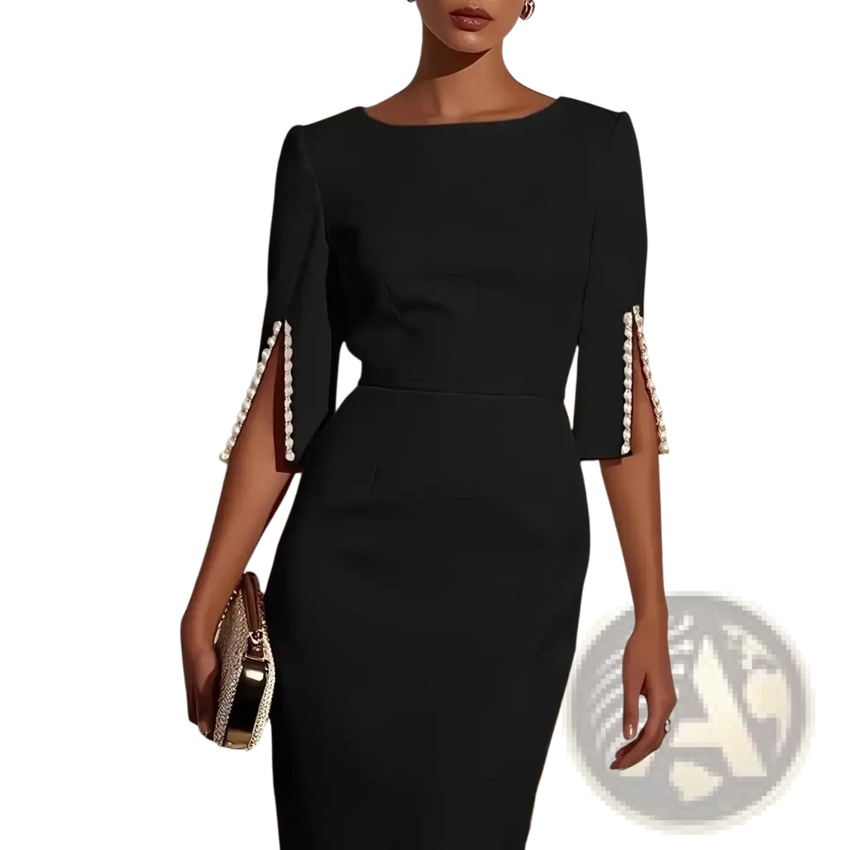 Black fitted midi dress with three-quarter sleeves and vertical white pearl trim on cuffs for elegant office party wear