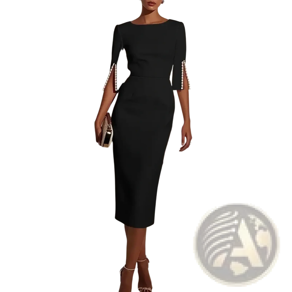 Black midi dress with three-quarter sleeves featuring pearl trim cuffs perfect for elegant office party wear