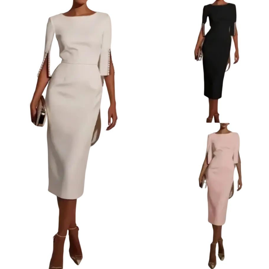 Pearl trim midi dress in white with elegant cape sleeves and subtle side slit perfect for office and party wear