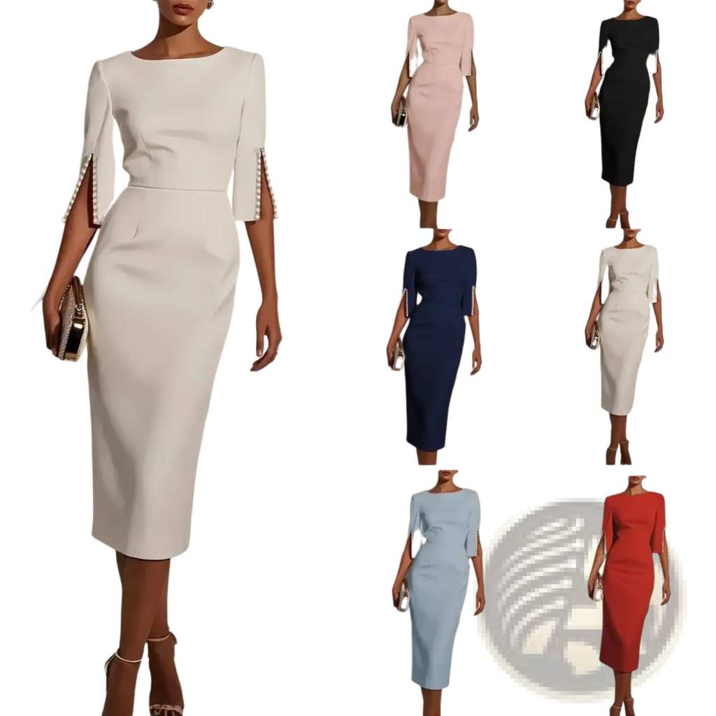 A sleek white pearl trim midi dress with three-quarter sleeves perfect for elegant office or party wear