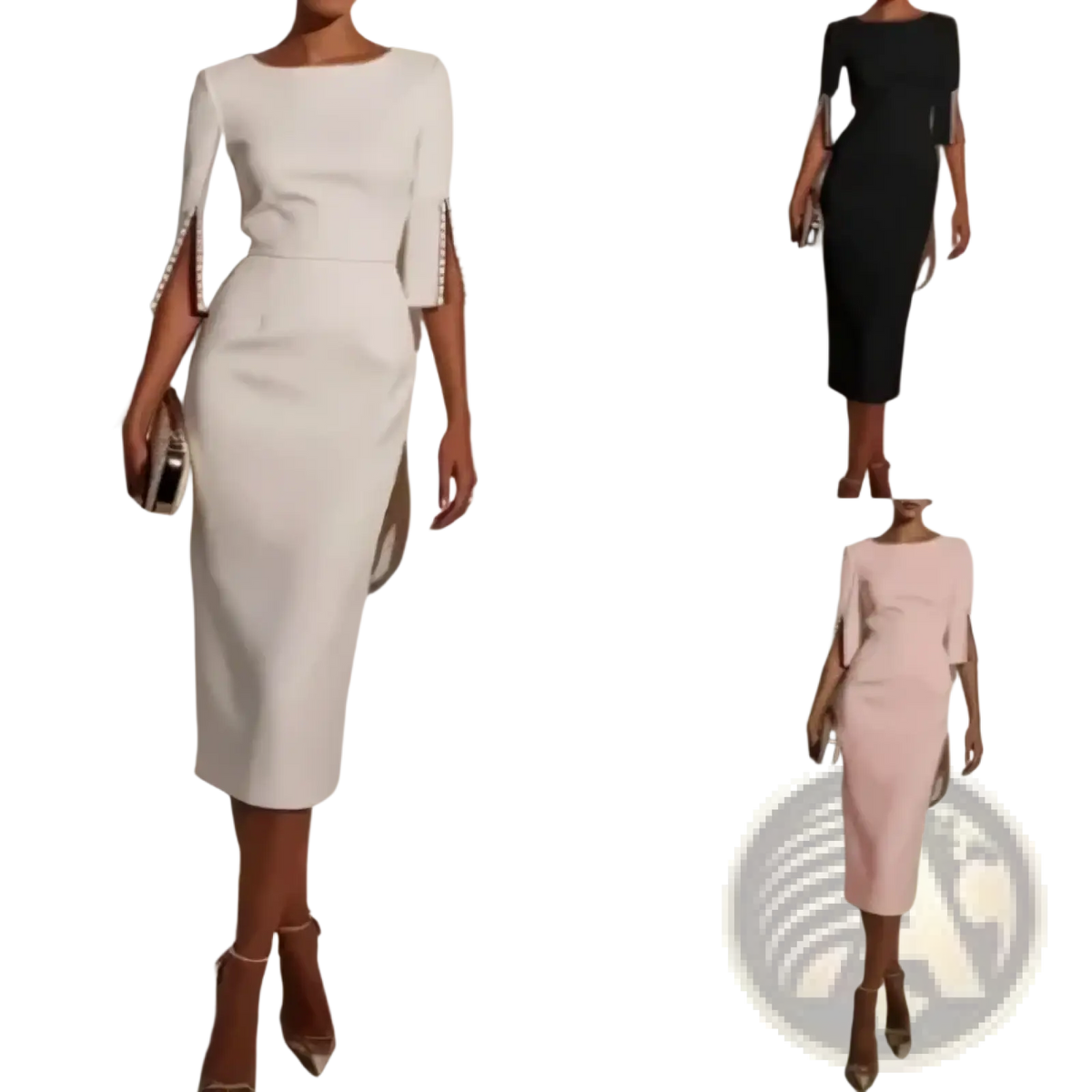 Pearl trim midi dress in white with elegant cape sleeves and subtle side slit perfect for office and party wear