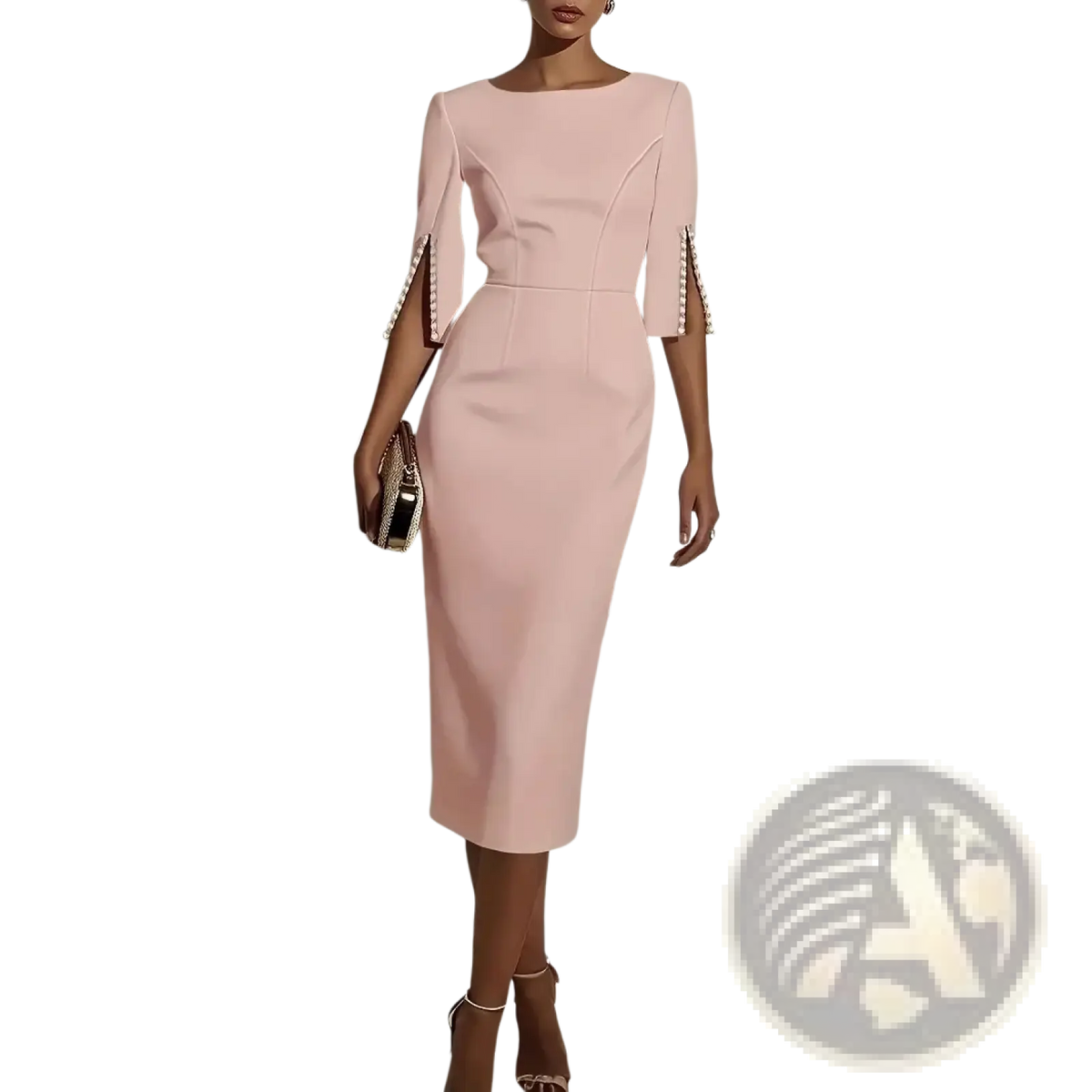A soft pink pearl trim midi dress with three-quarter sleeves designed for elegant office and party wear