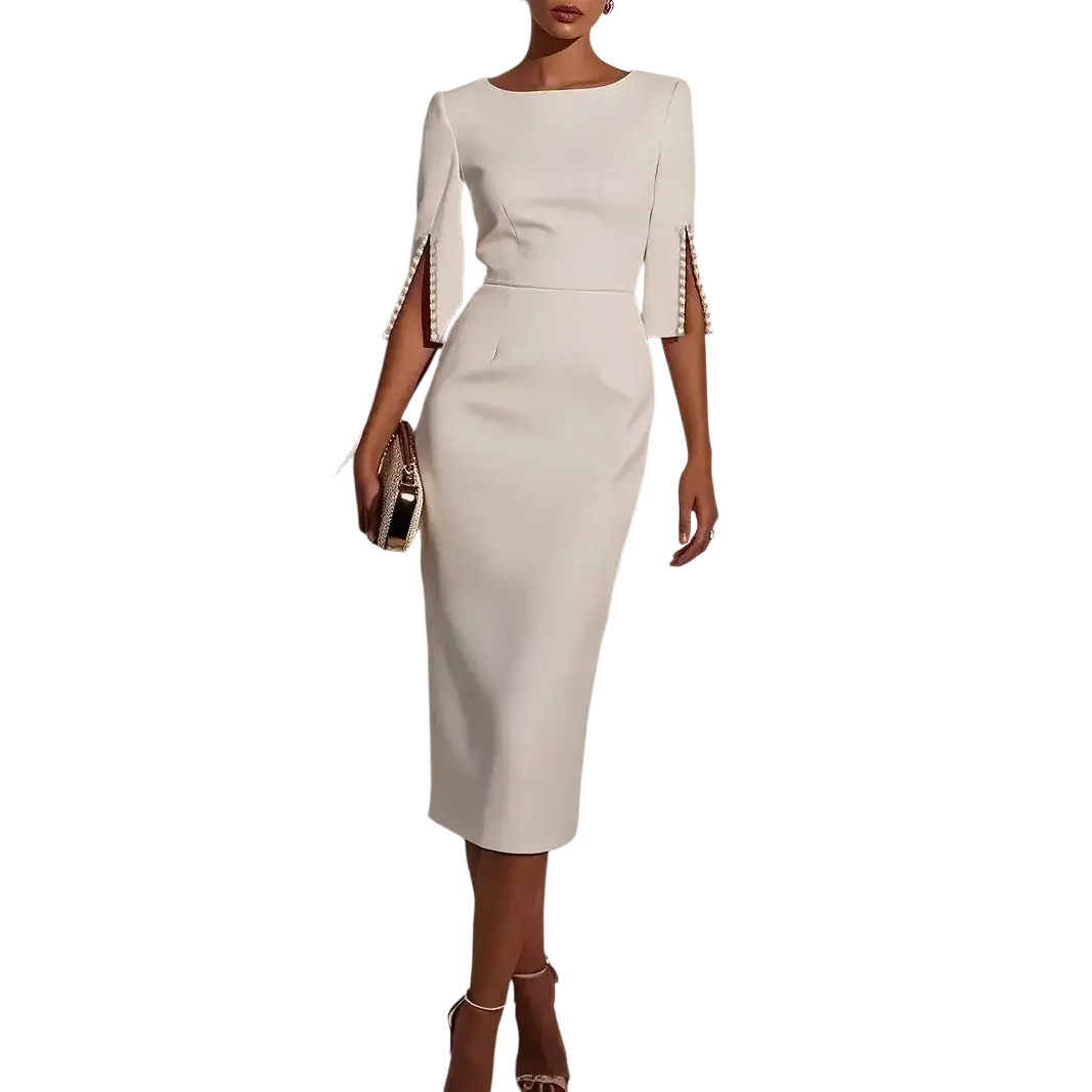 White midi dress with pearl-trimmed three-quarter sleeves and fitted silhouette for elegant office party wear