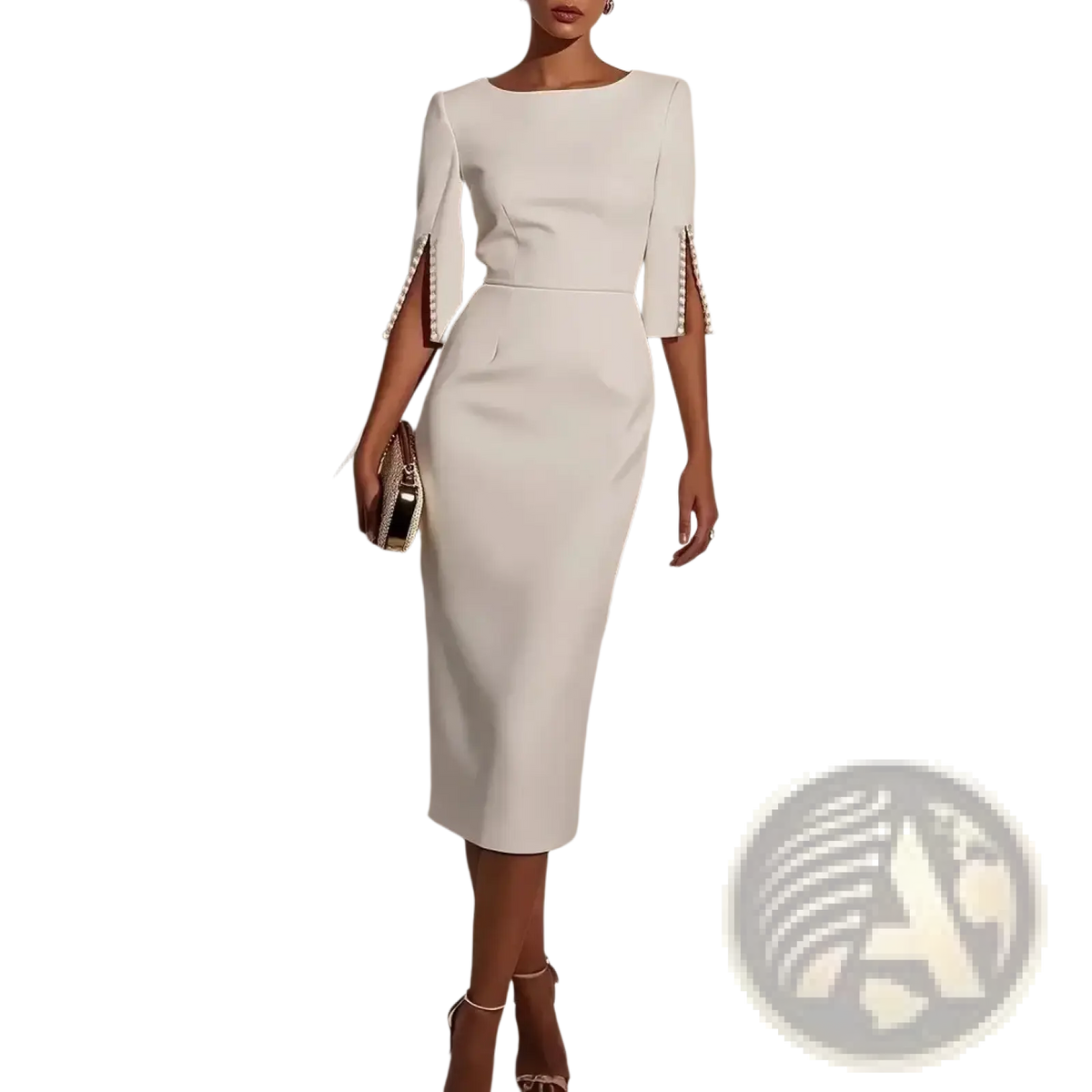 White midi dress with pearl-trimmed three-quarter sleeves and fitted silhouette for elegant office party wear