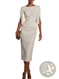 A sleek white midi dress with pearl trim on three-quarter sleeve cuffs for elegant office and party wear