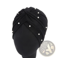Black glittery pearl turban headscarf cap women’s shimmering jacquard fabric adorned with white pearls