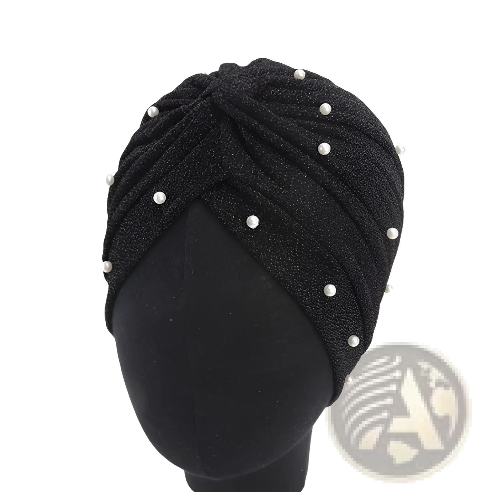 Black glittery pearl turban headscarf cap women’s shimmering jacquard fabric adorned with white pearls