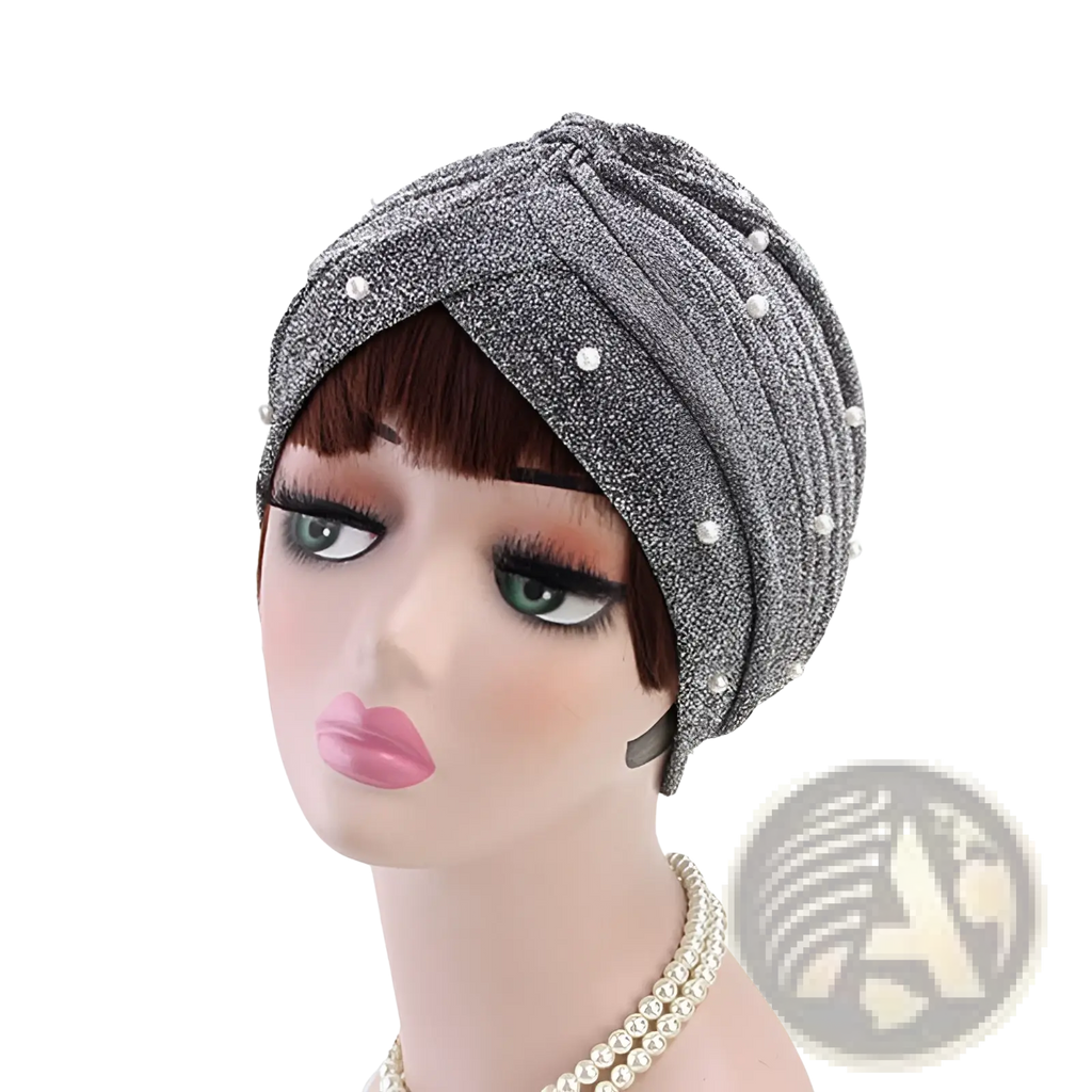 Pearl turban headscarf cap in silver shimmer jacquard with small white pearls for womens elegant wear