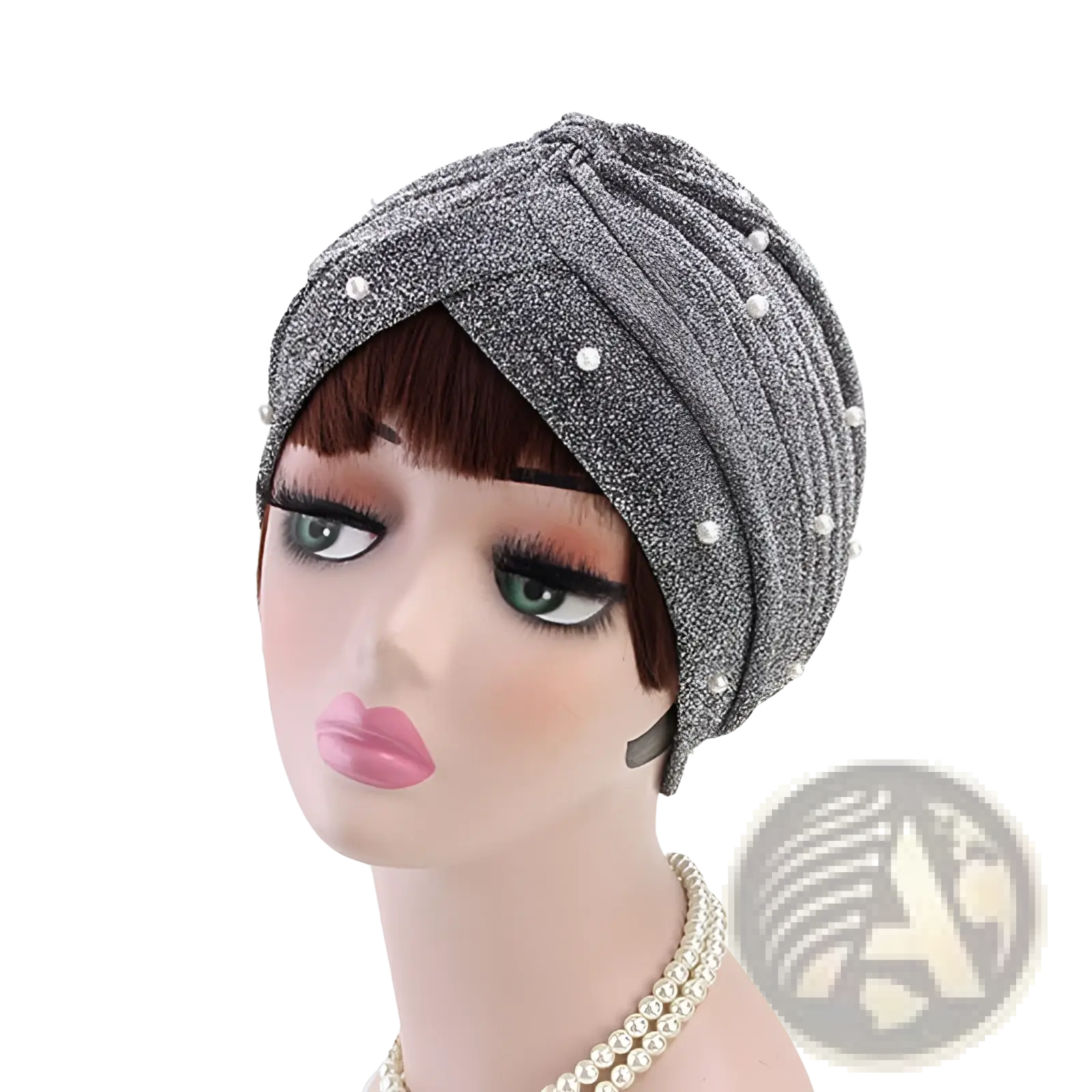 Pearl turban headscarf cap in silver shimmer jacquard with small white pearls for womens elegant wear