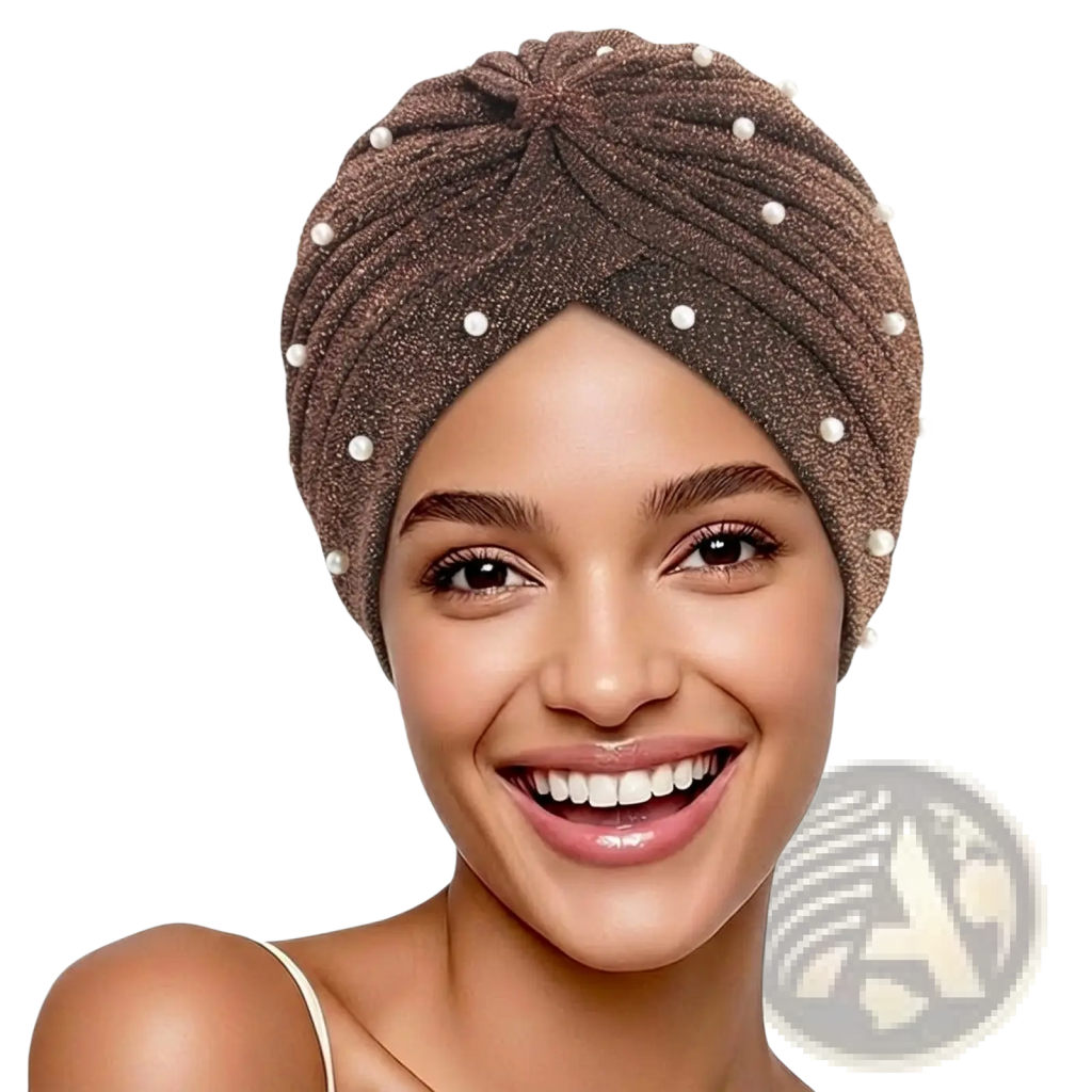 A shimmering brown pearl turban headscarf cap for women in jacquard fabric adorned with small white pearls