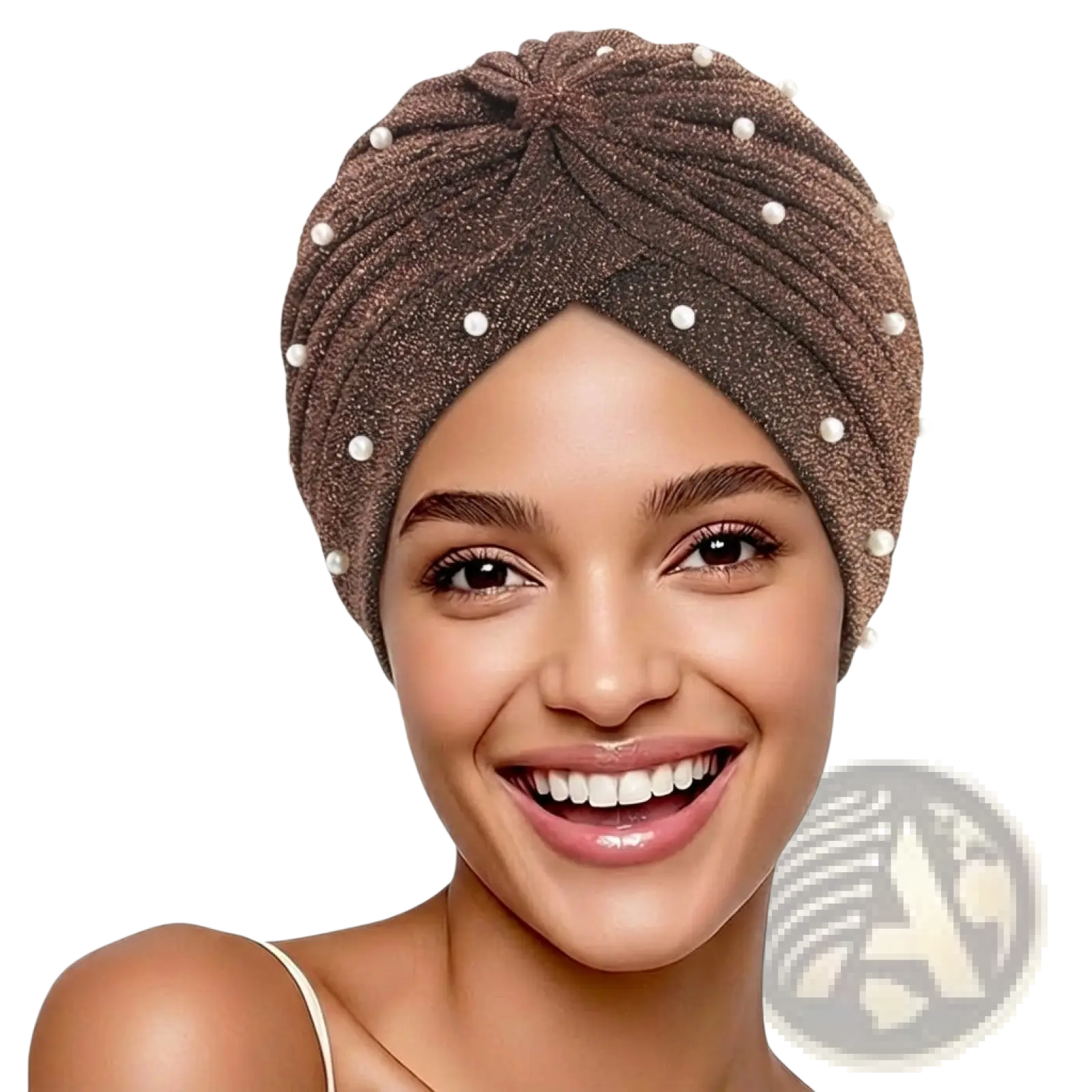 A shimmering brown pearl turban headscarf cap for women in jacquard fabric adorned with small white pearls