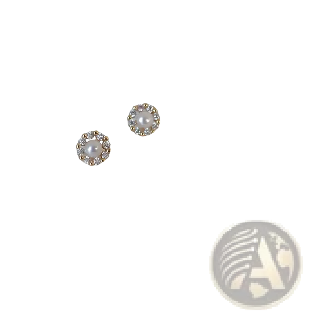 Delicate gold-toned pearl twist stud earrings featuring a central pearl surrounded by clear crystal halo accents