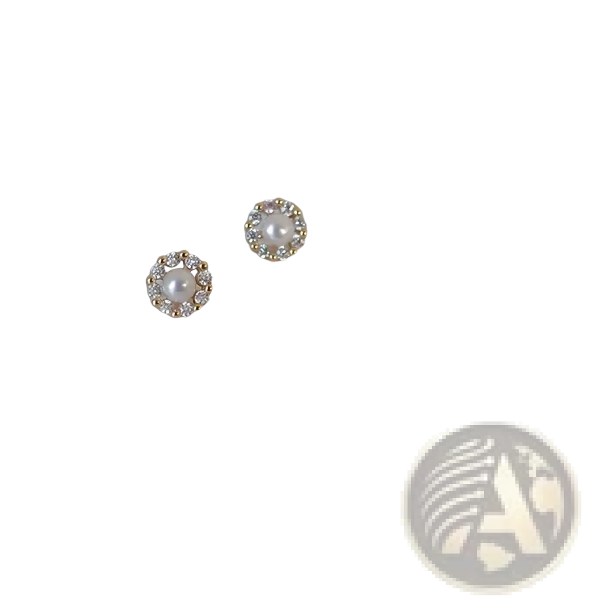 Delicate gold-toned pearl twist stud earrings featuring a central pearl surrounded by clear crystal halo accents