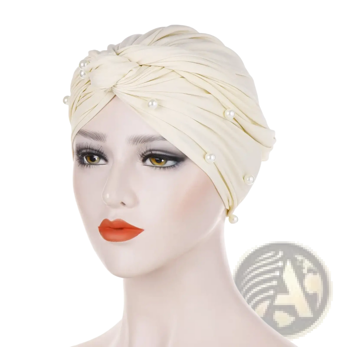 Cream-colored satin turban hijab for women adorned with delicate pearl embellishments in a pearl velvet style