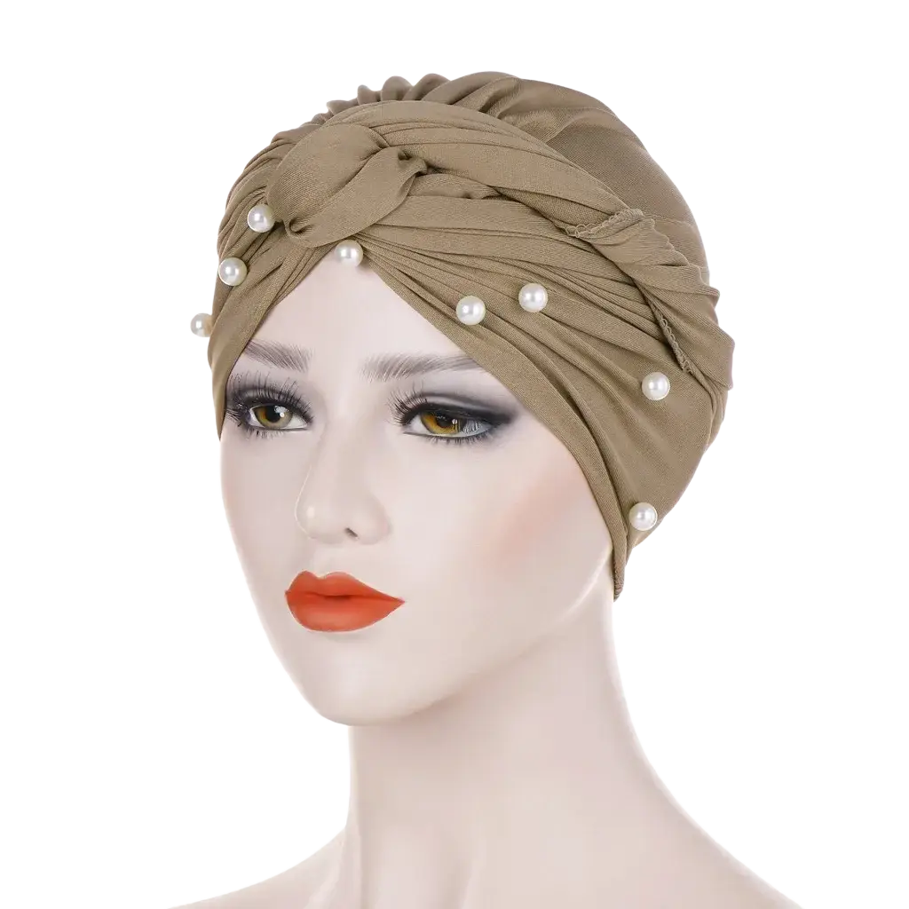 Beige pearl velvet turban hijab for women featuring pearl adornments and a twisted knot design