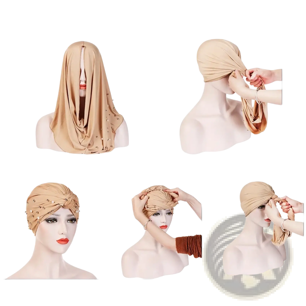 Beige pearl velvet turban hijab for women with stretchy fabric and decorative metallic studs