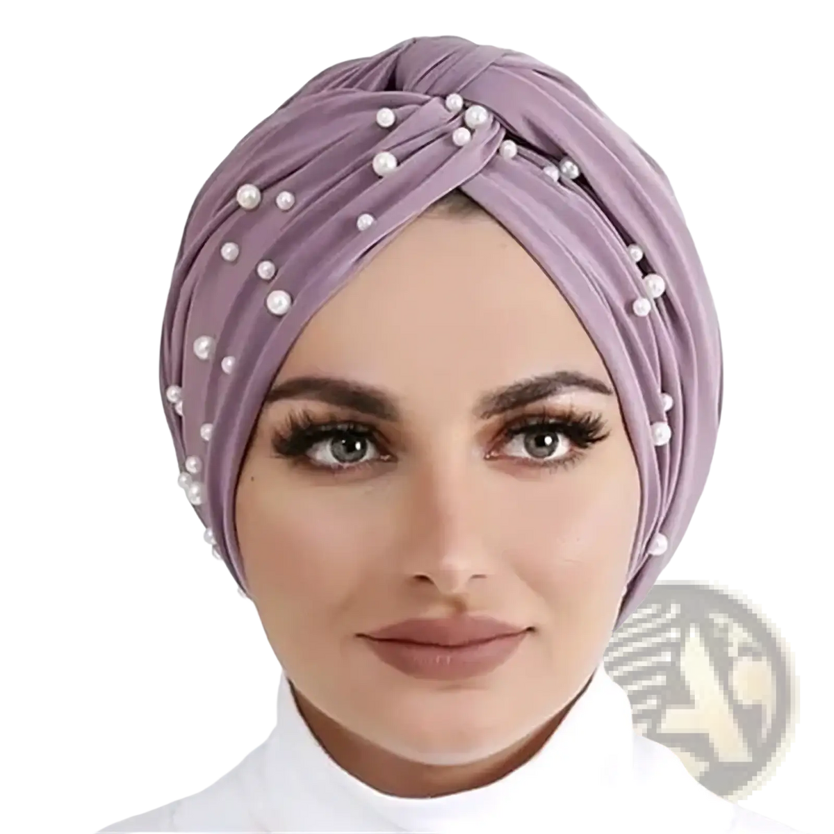 Pearl velvet turban hijab for women in lavender with soft texture and evenly spaced white pearls on twisted design