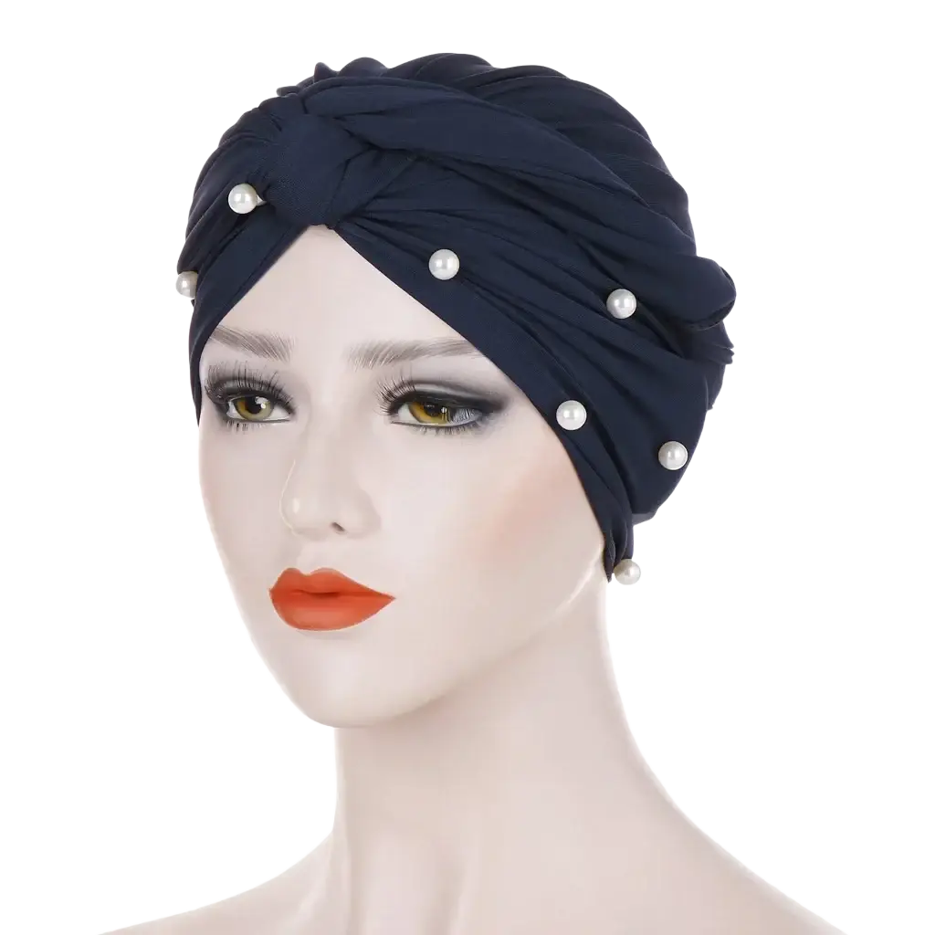 Navy blue pearl-adorned velvet turban hijab for women showcasing elegant texture and decorative pearls