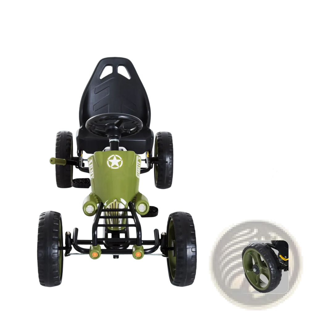 Olive green and black pedal go kart for kids with adjustable seat and star emblem on the front for outdoor play