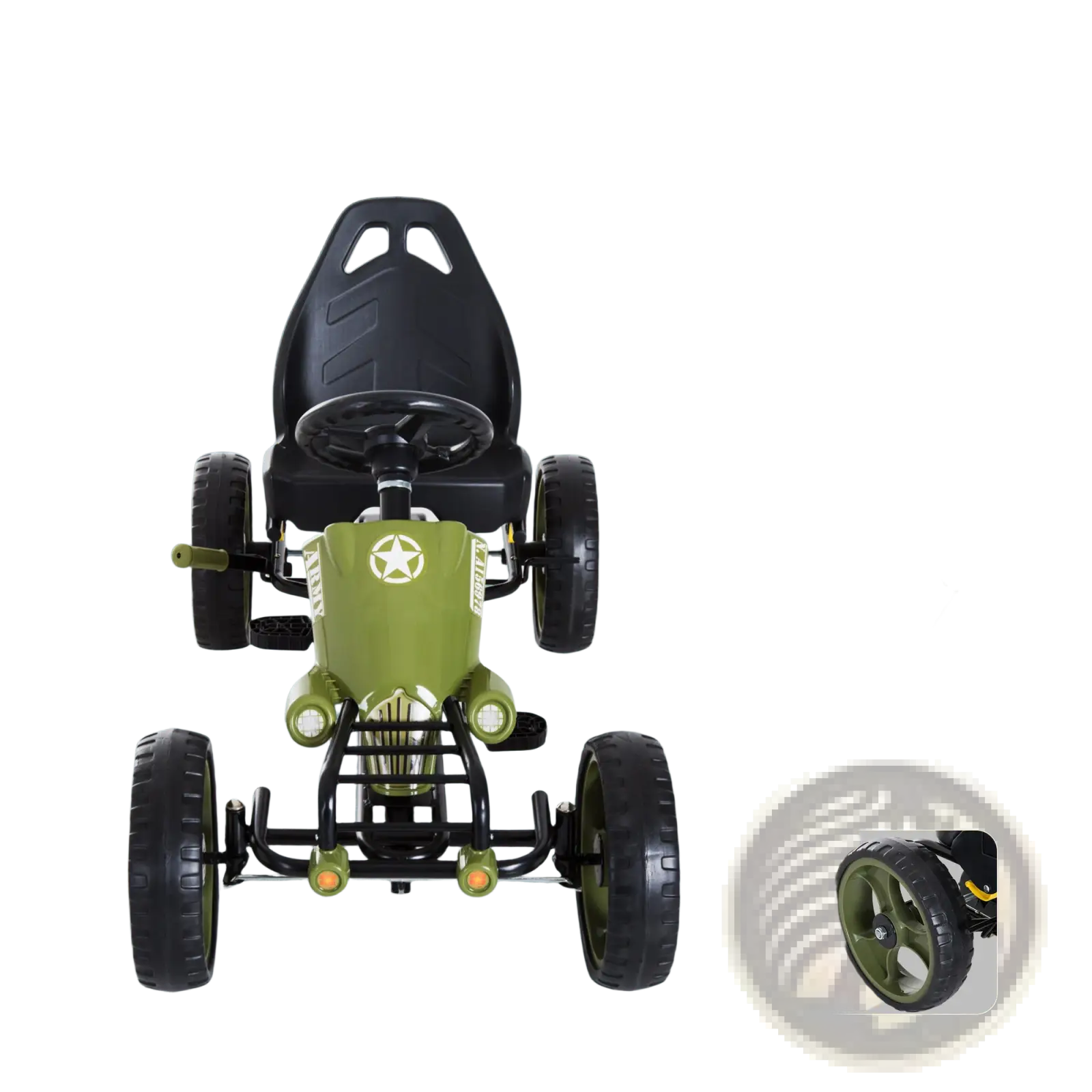 Olive green and black pedal go kart for kids with adjustable seat and star emblem on the front for outdoor play
