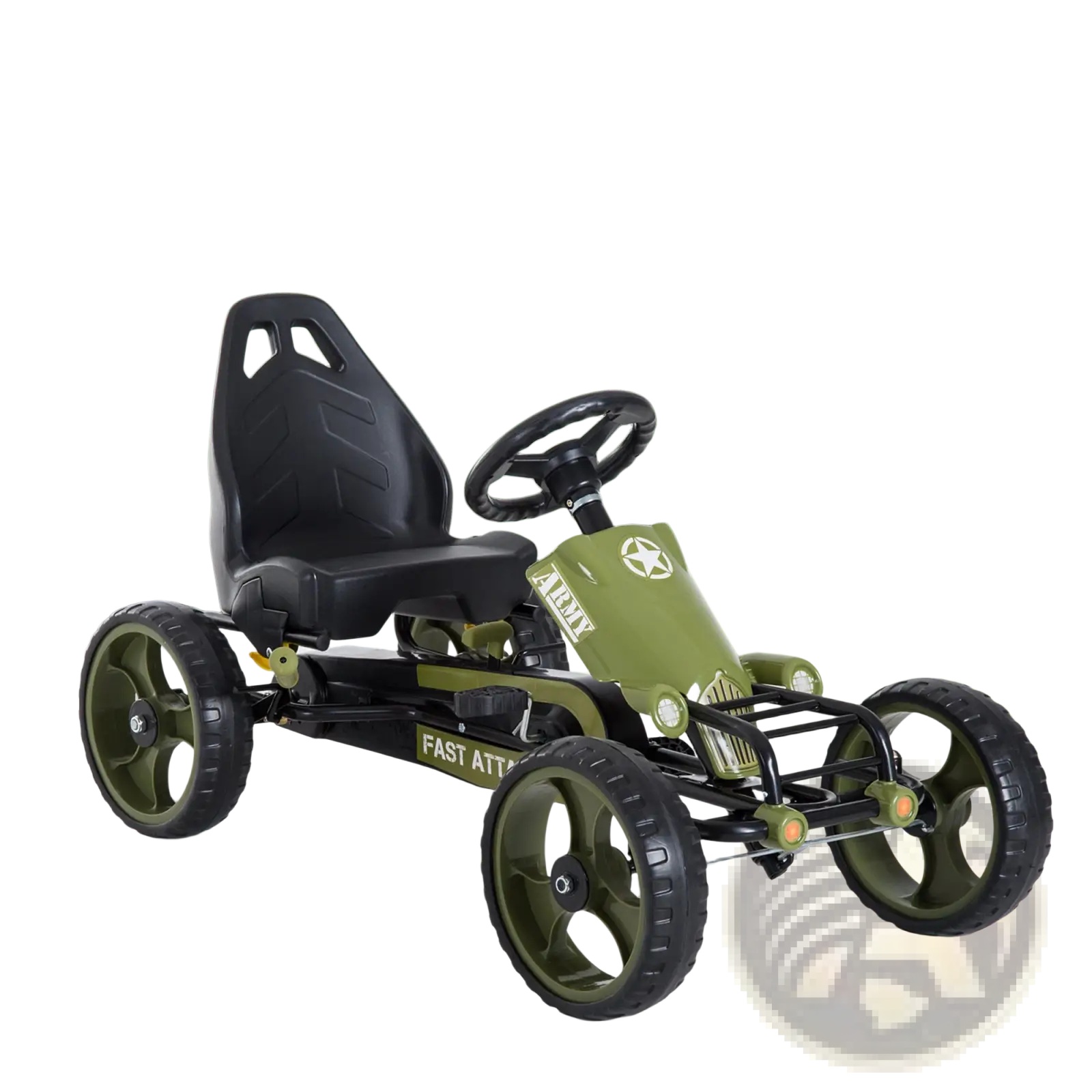 Olive green military-themed pedal go kart for kids with adjustable seat black steering wheel and army star emblem