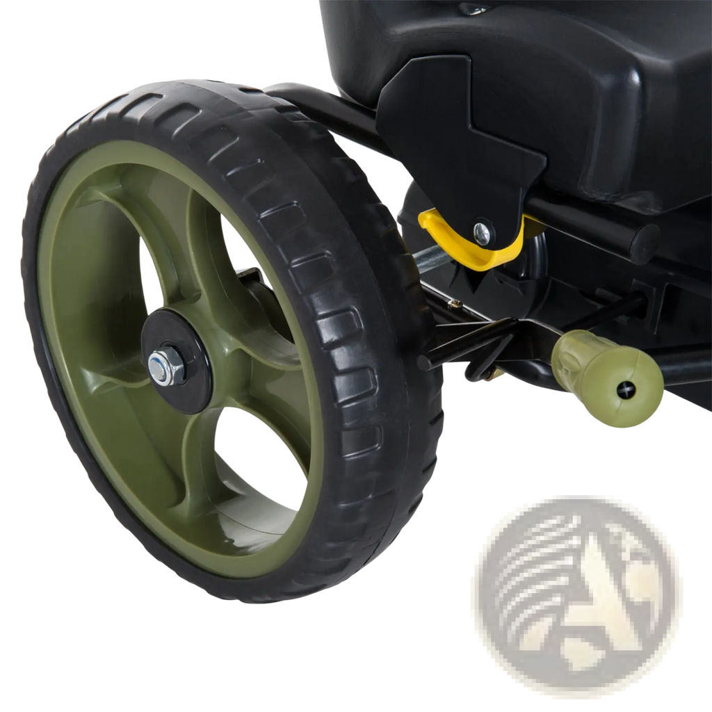 Olive green and black plastic wheel with textured tread on the back side of a pedal go kart for kids with adjustable seat