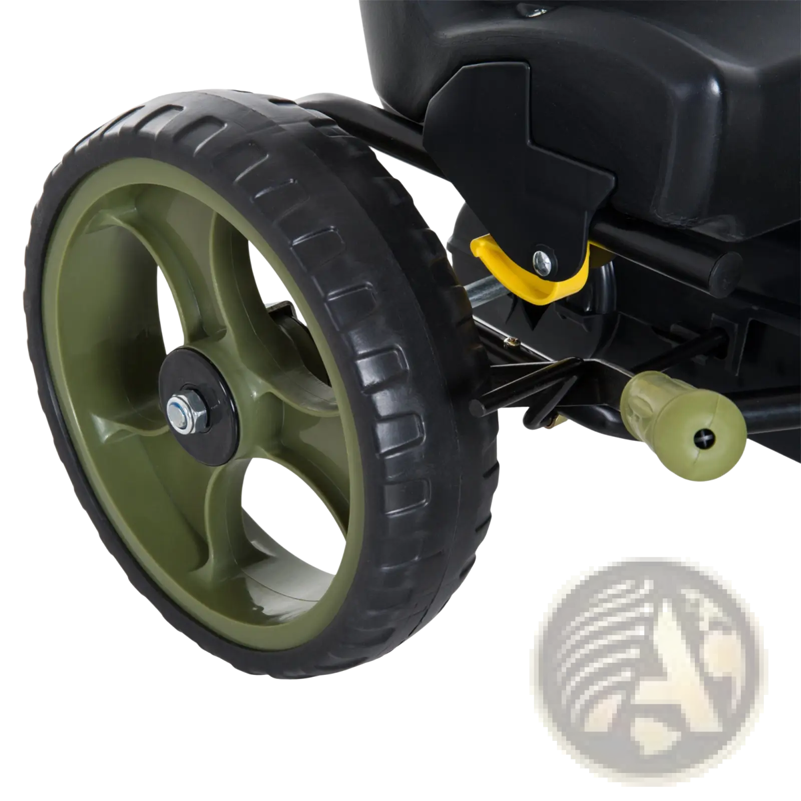 Olive green and black plastic wheel with textured tread on the back side of a pedal go kart for kids with adjustable seat