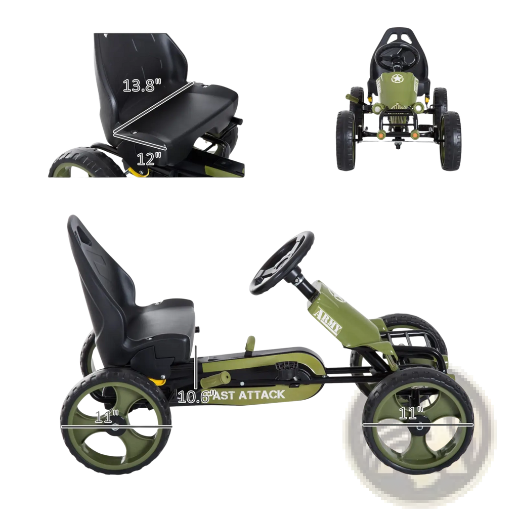 Olive green and black military-themed pedal go kart for kids with adjustable seat and army branding on the side