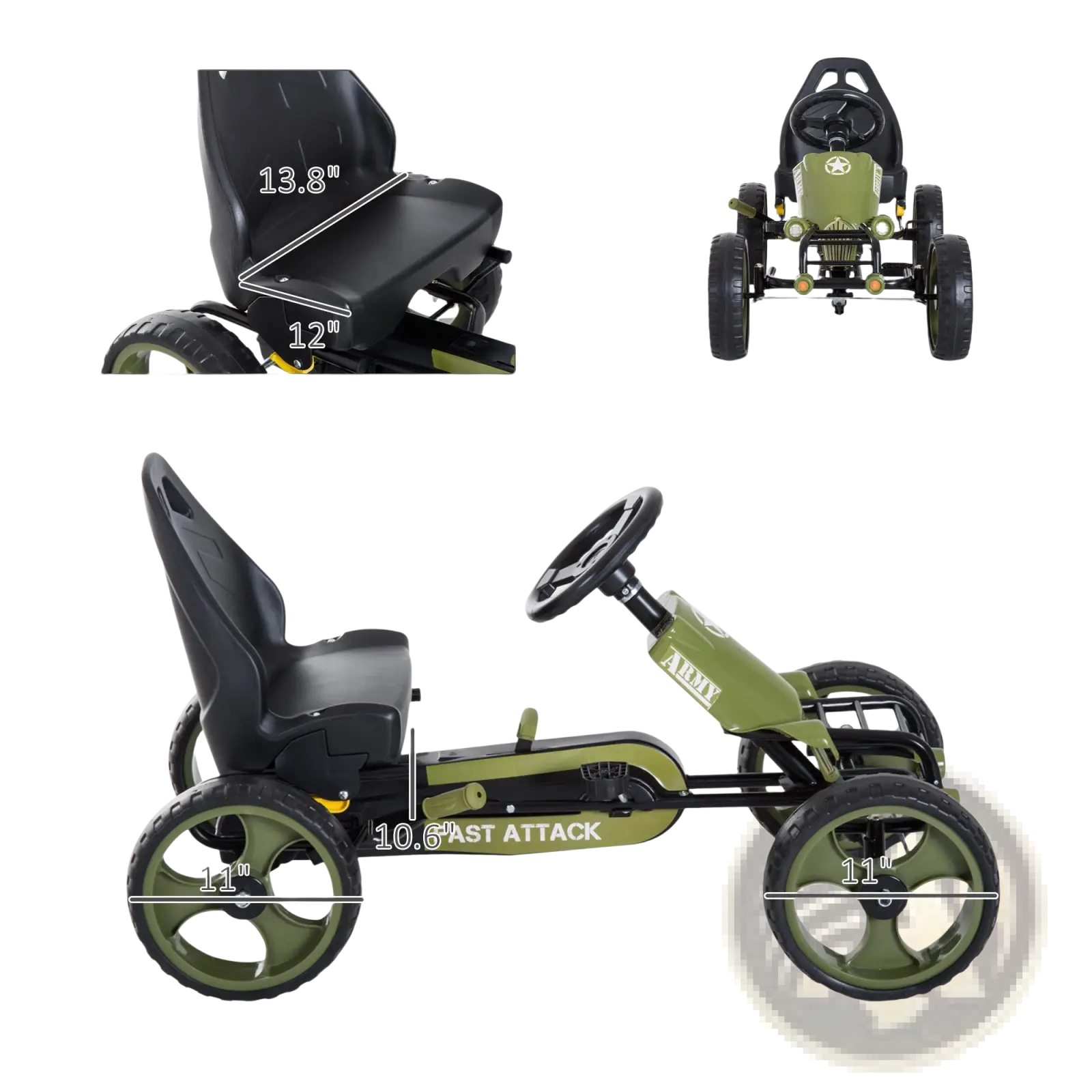 Olive green and black military-themed pedal go kart for kids with adjustable seat and army branding on the side