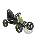 Olive green military-themed pedal go kart for kids with adjustable black seat and army star emblem on the front