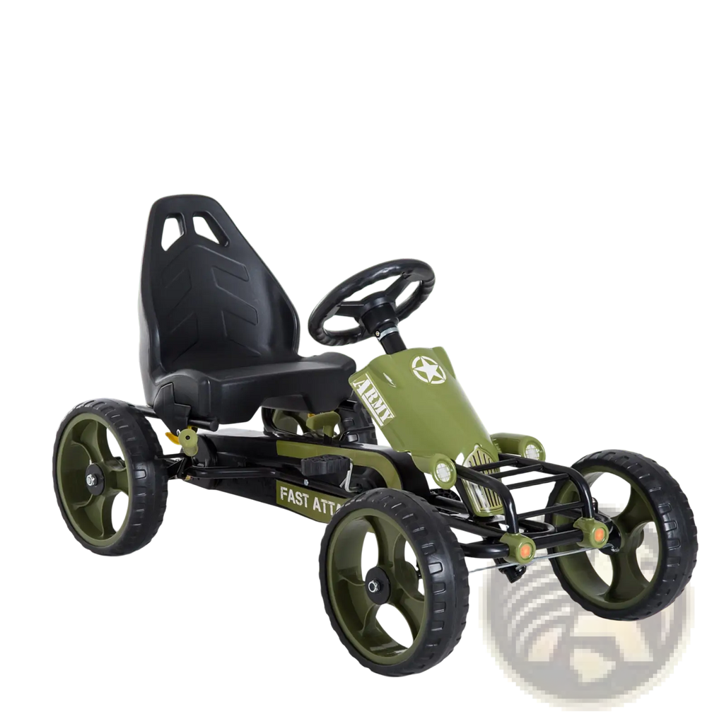 Olive green military-themed pedal go kart for kids with adjustable black seat and army branding star emblem on front