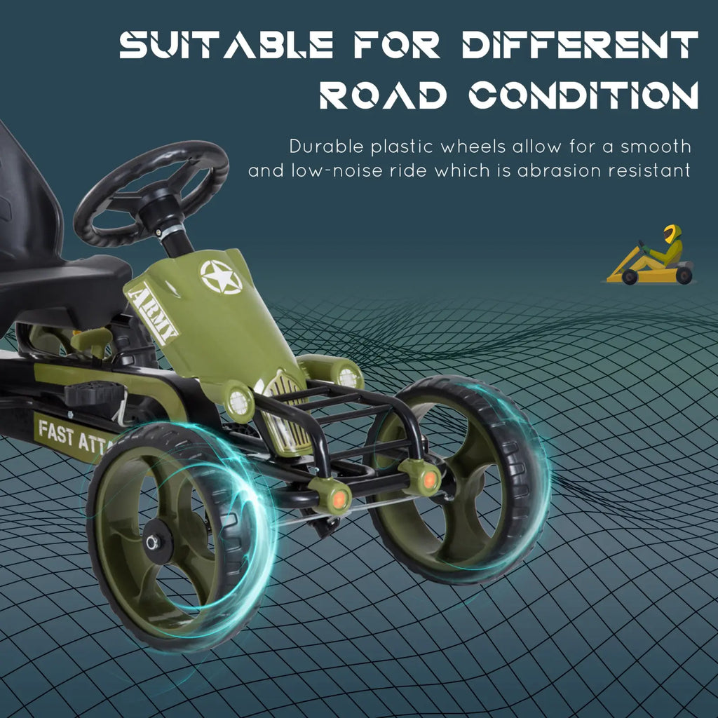 Olive green and black military-themed pedal go kart for kids with adjustable seat and durable plastic wheels
