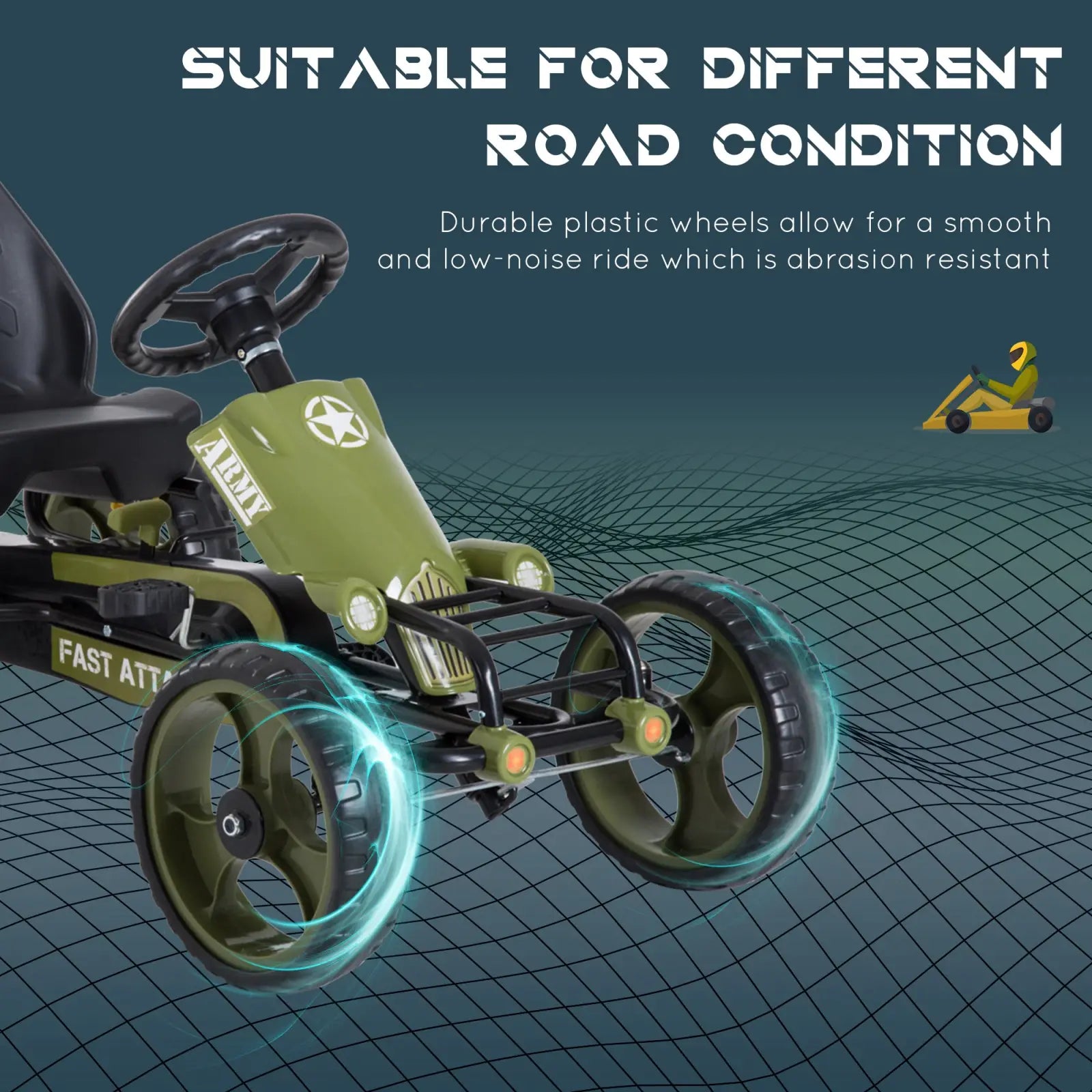 Olive green and black military-themed pedal go kart for kids with adjustable seat and durable plastic wheels