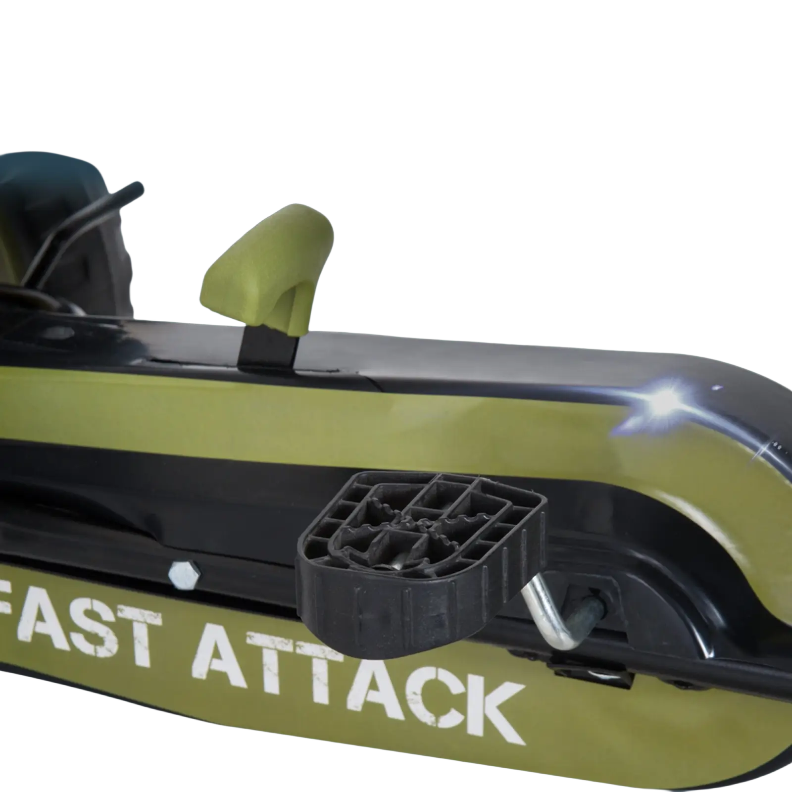 Yellow and black enclosed chain drive system with textured plastic housing on the back of an army green pedal go kart for kids with adjustable seat