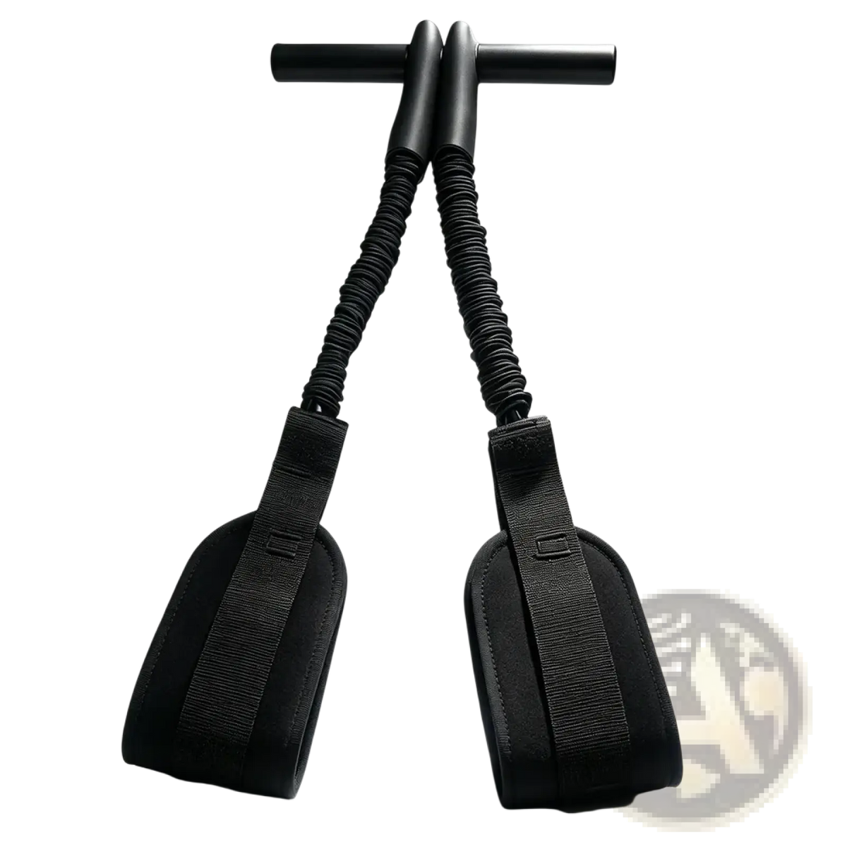Black pedal resistance band fitness equipment with padded handles and elastic cords for strength training exercises
