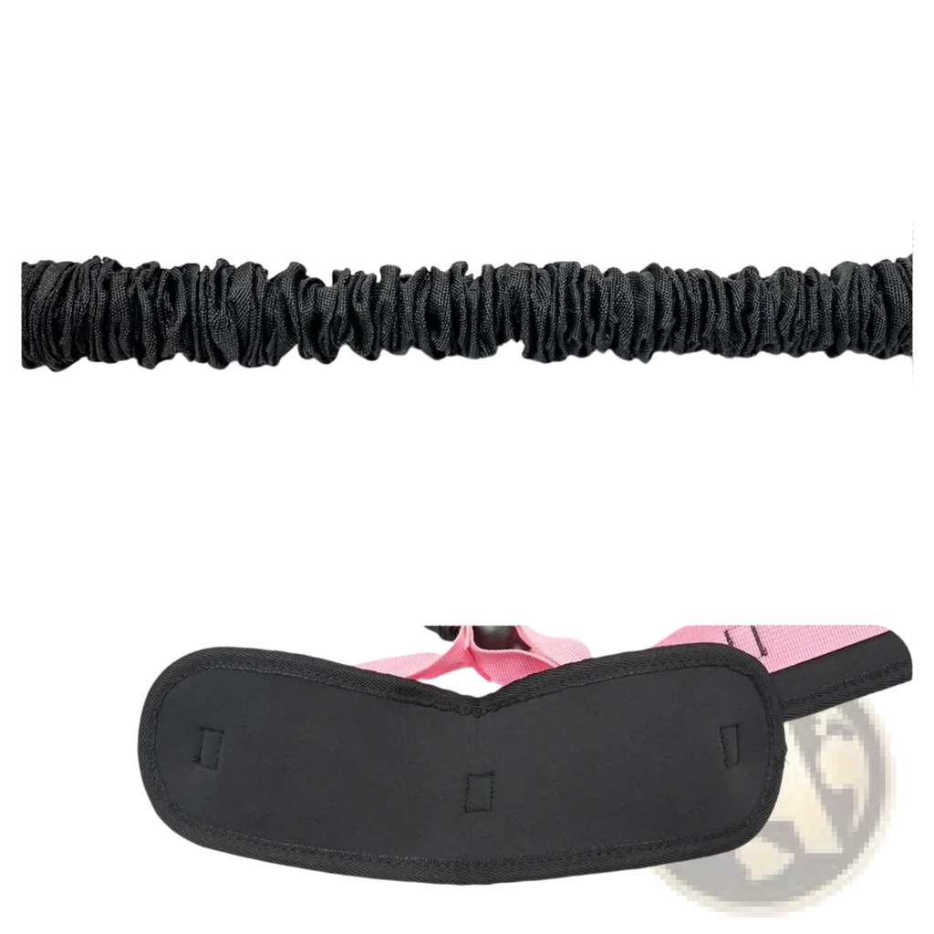 Black nylon-wrapped latex pedal resistance band with thickened tension core and non-slip fabric foot pedal