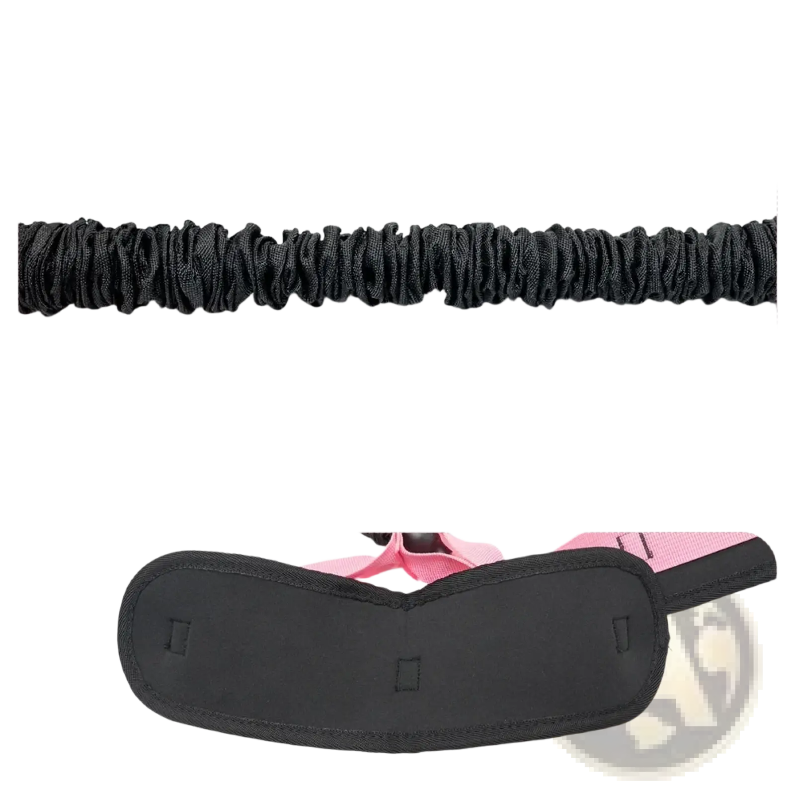 Black nylon-wrapped latex pedal resistance band with thickened tension core and non-slip fabric foot pedal