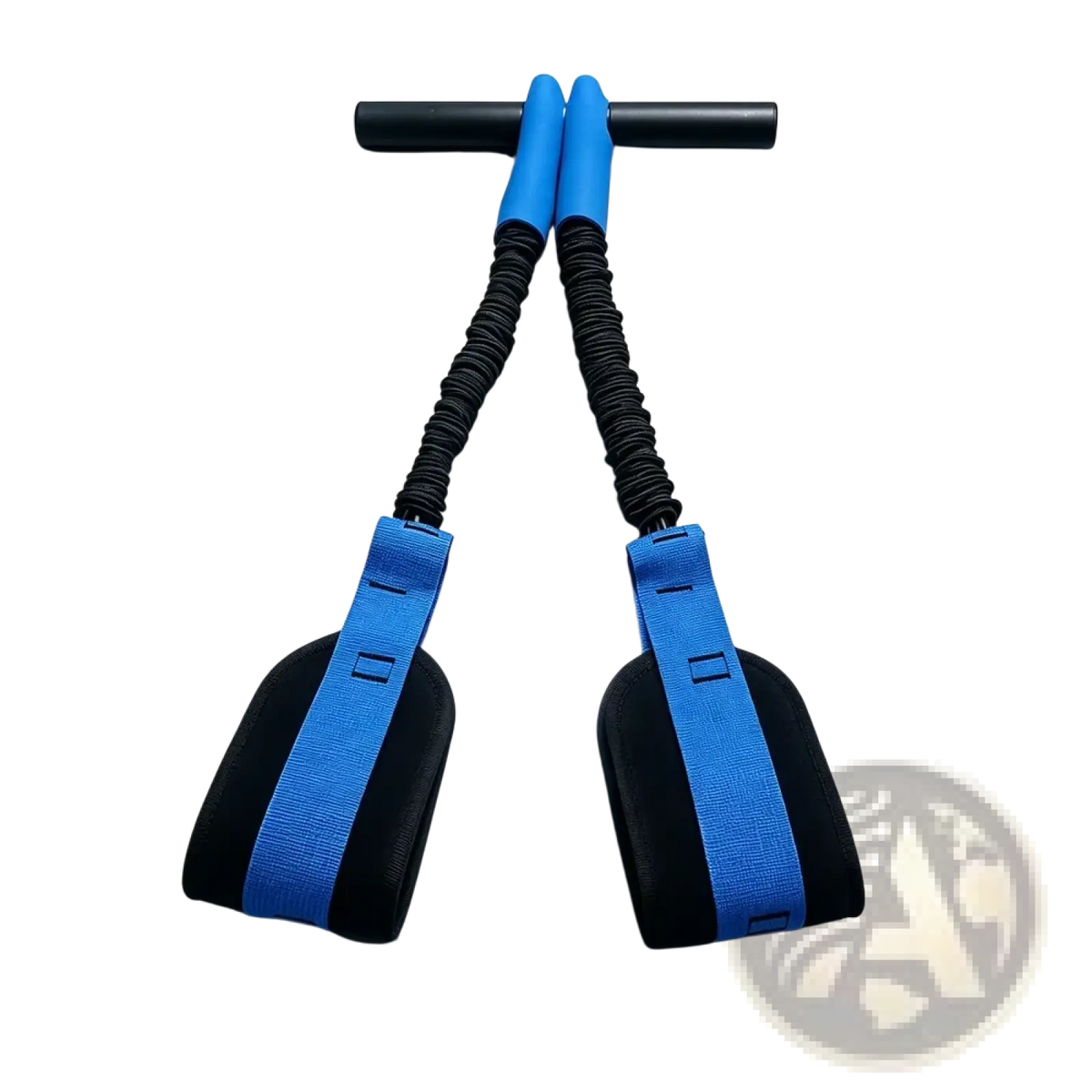 Pedal resistance band fitness equipment in blue and black with padded handles for versatile strength training
