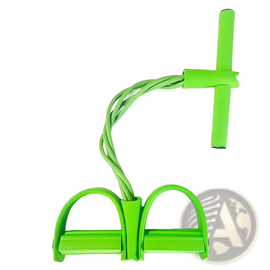 Bright green rubber pedal resistance band with t-shaped handle and two foot loops for fitness exercises