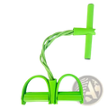 Bright green rubber pedal resistance band with t-shaped handle and two foot loops for fitness exercises