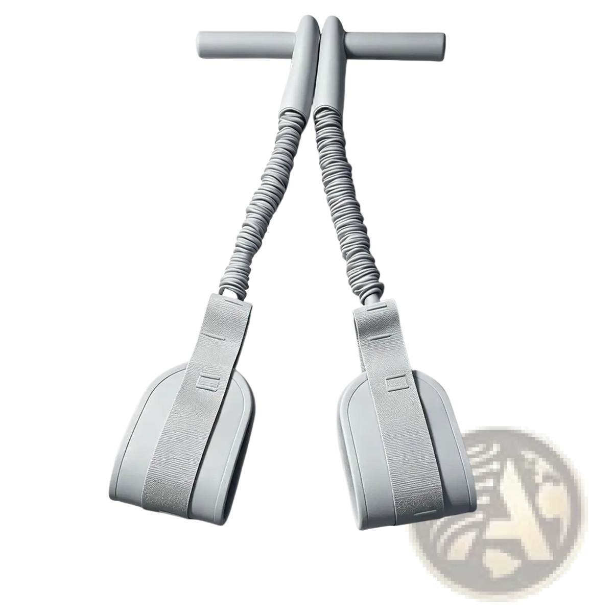 Gray pedal resistance band fitness equipment with textured grip handles and elastic cords for strength training