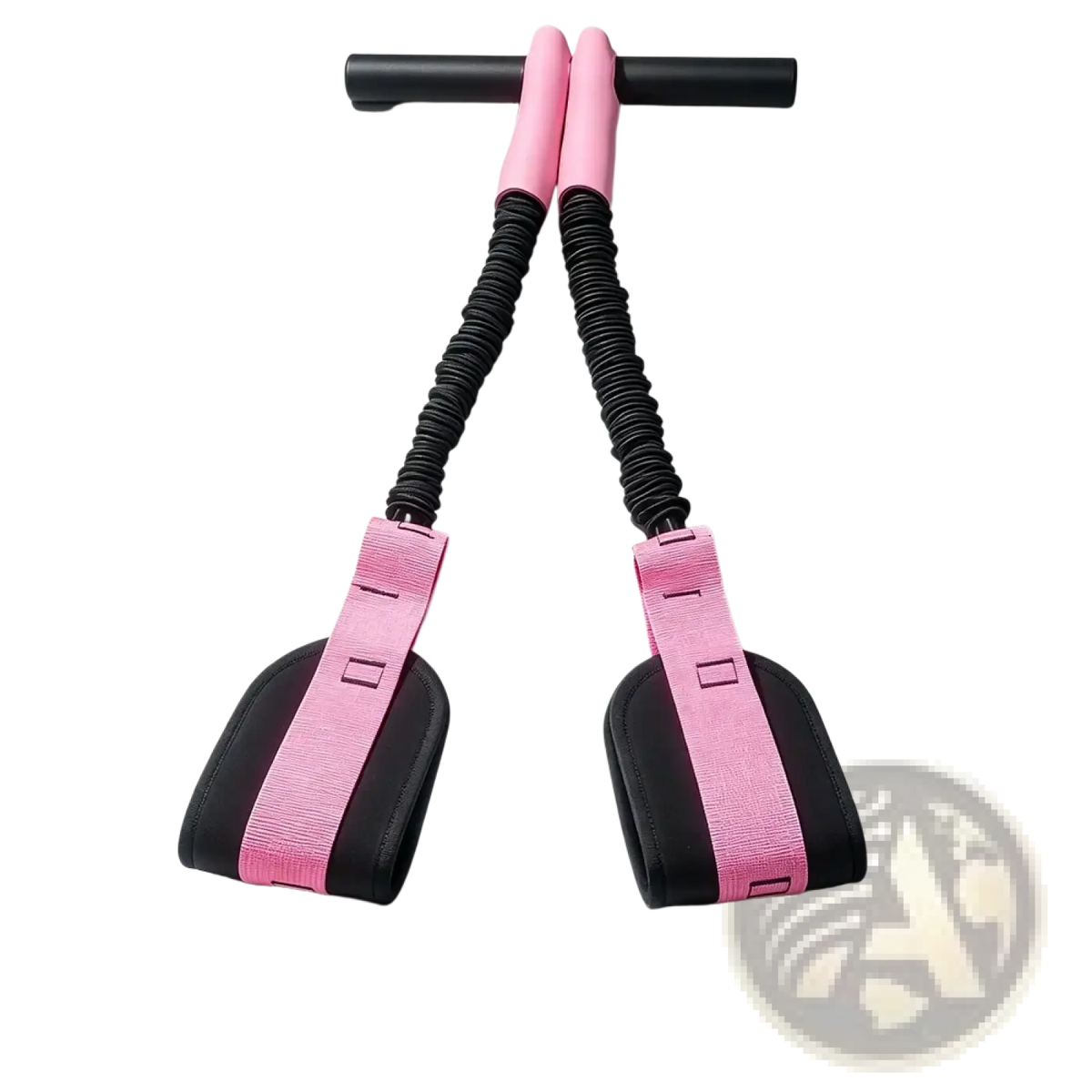 Pedal resistance band fitness equipment in pink and black with padded handles for strength and flexibility training