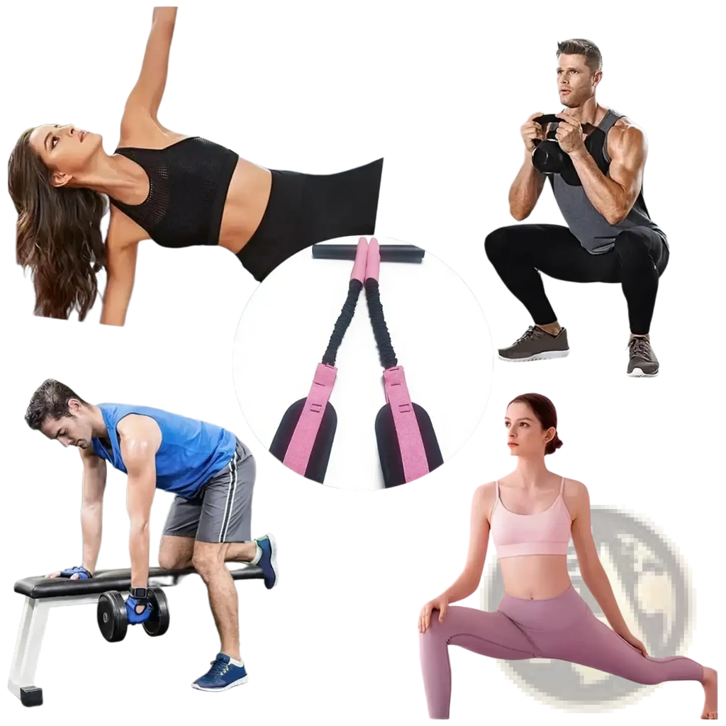 Pedal resistance band fitness equipment with pink and black handles featuring padded grips for comfortable use