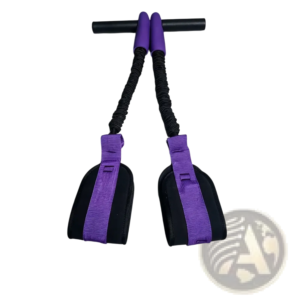 Purple and black pedal resistance band fitness equipment with textured grip handles for exercise and strength training