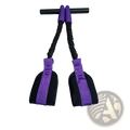 Purple and black pedal resistance band fitness equipment with textured grip handles for exercise and strength training