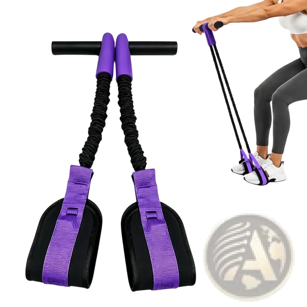 Purple and black pedal resistance band fitness equipment with textured grip handles for strength training exercises