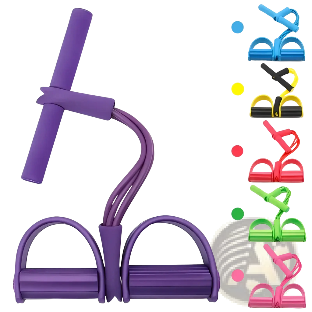Purple rubber pedal resistance band fitness equipment with dual handles and foot loops for strength training