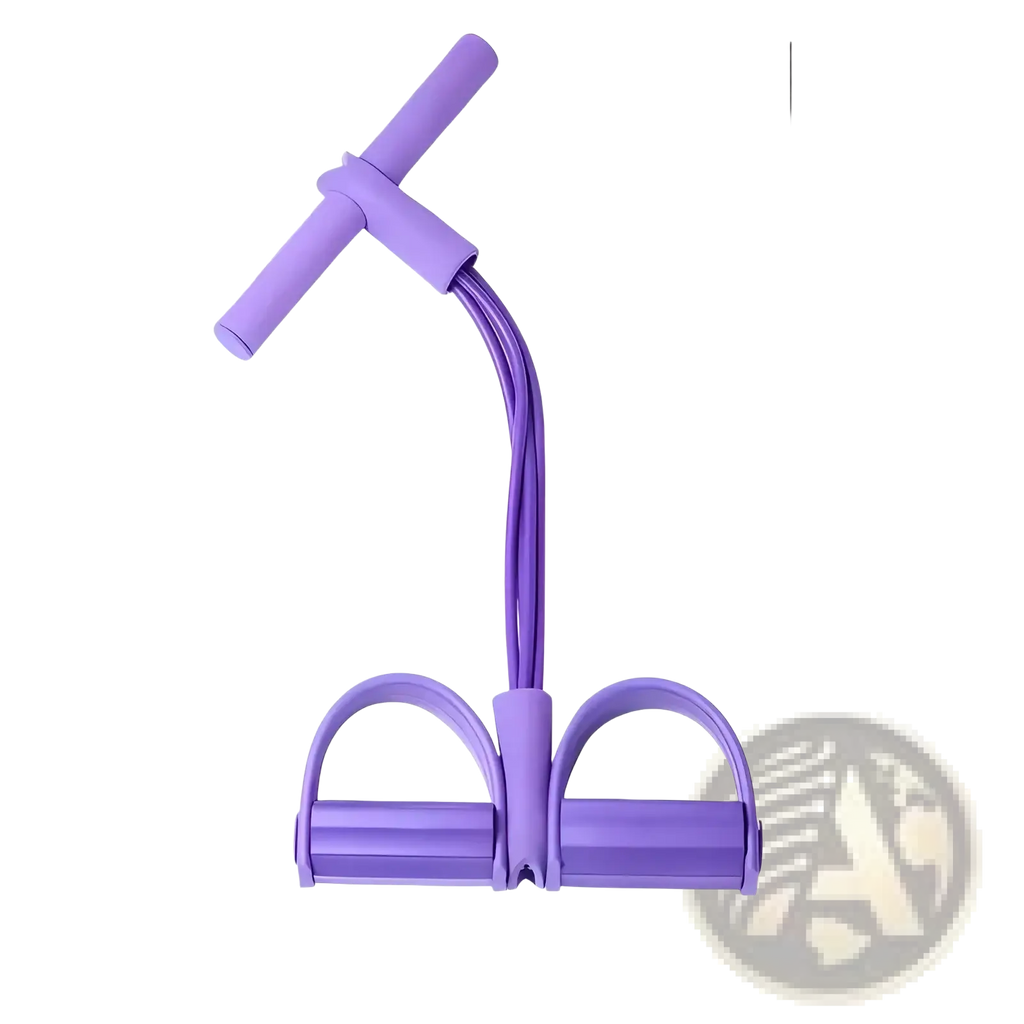 Purple rubber pedal resistance band fitness equipment with t-shaped handle and dual foot loops for exercise