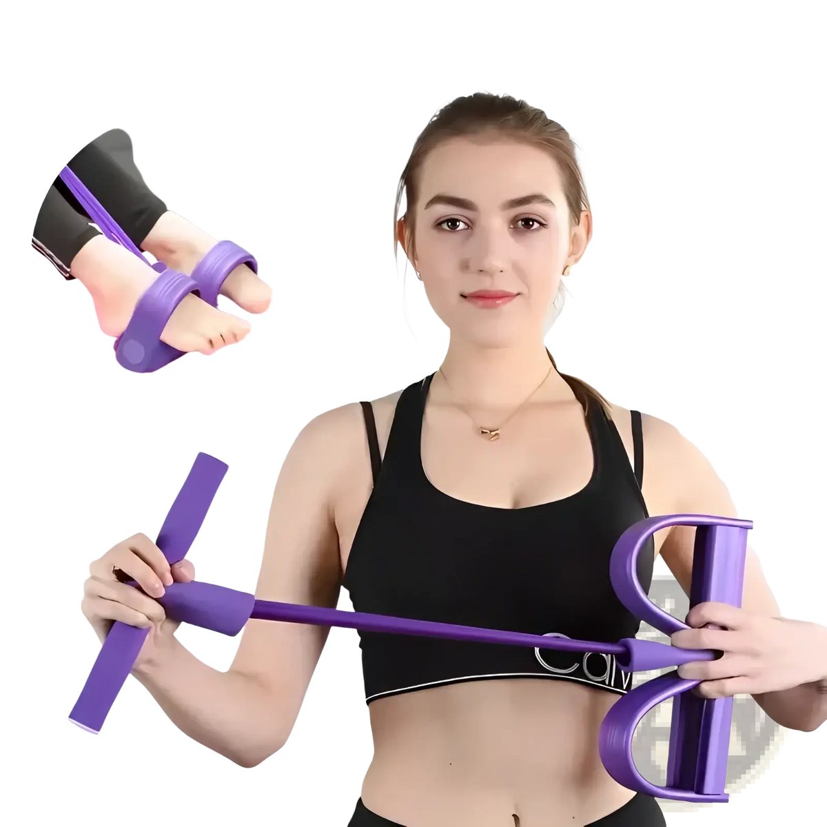 Purple rubberized plastic pedal resistance band fitness equipment with ergonomic handles and foot straps for leg exercise