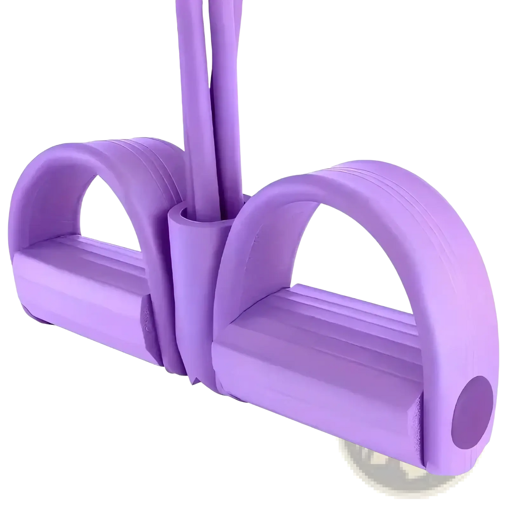 Purple silicone pedal resistance band with dual foot loops and textured grip for ankle fitness exercises